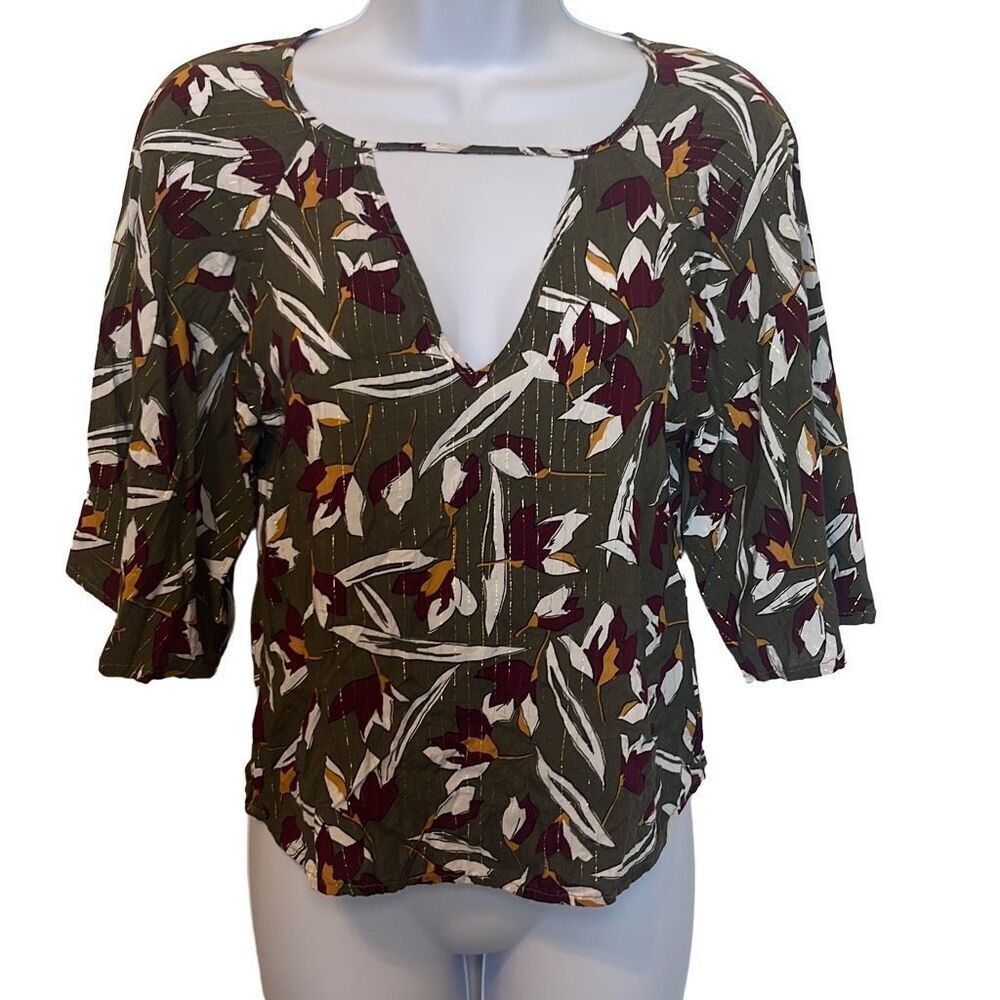 Zinzane Small Green Purple Floral Silver‎ Metallic Stripe V Neck Crop Top Blouse